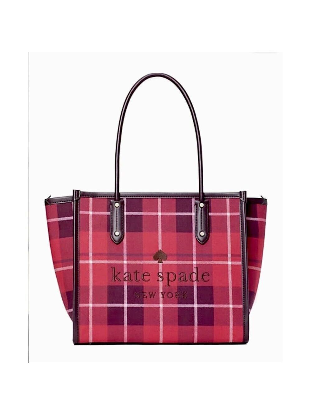 KATE SPADE ELLA TOTE BAG PLAID BRIGHT ROSE RED BLACK